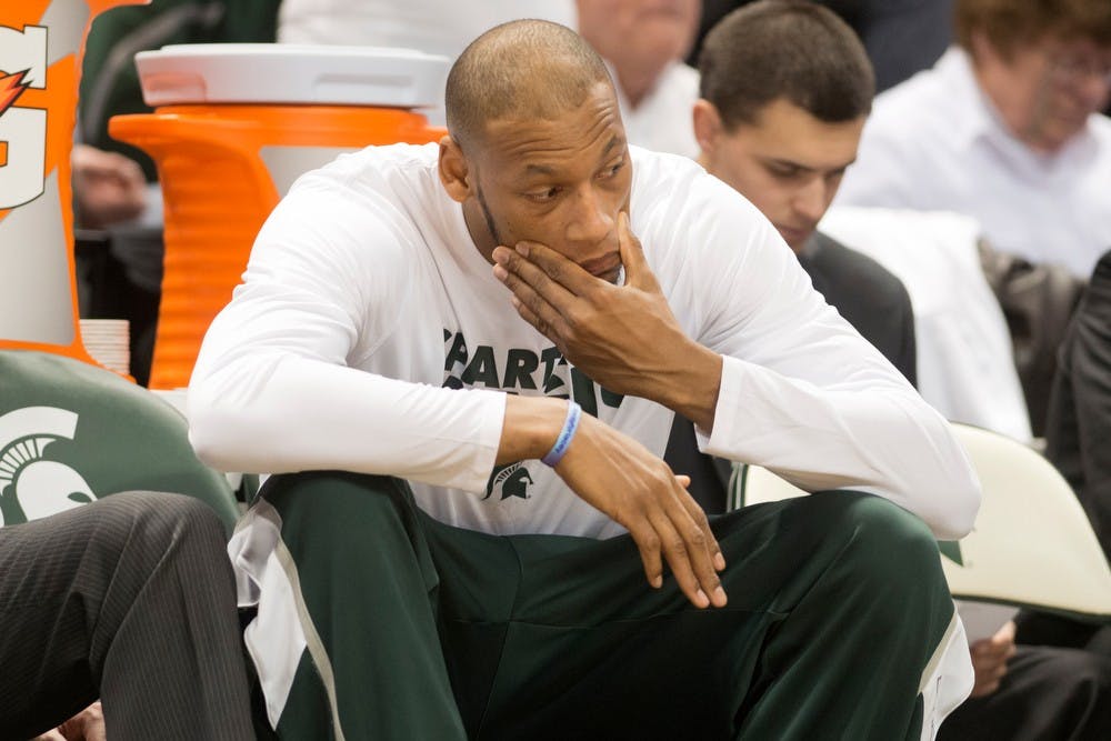 	<p>Senior center Adreian Payne reacts to the game against Michigan on Jan. 25, 2014, at Breslin Center. The Spartans lost to the Wolverines, 80-75. Julia Nagy/The State News</p>