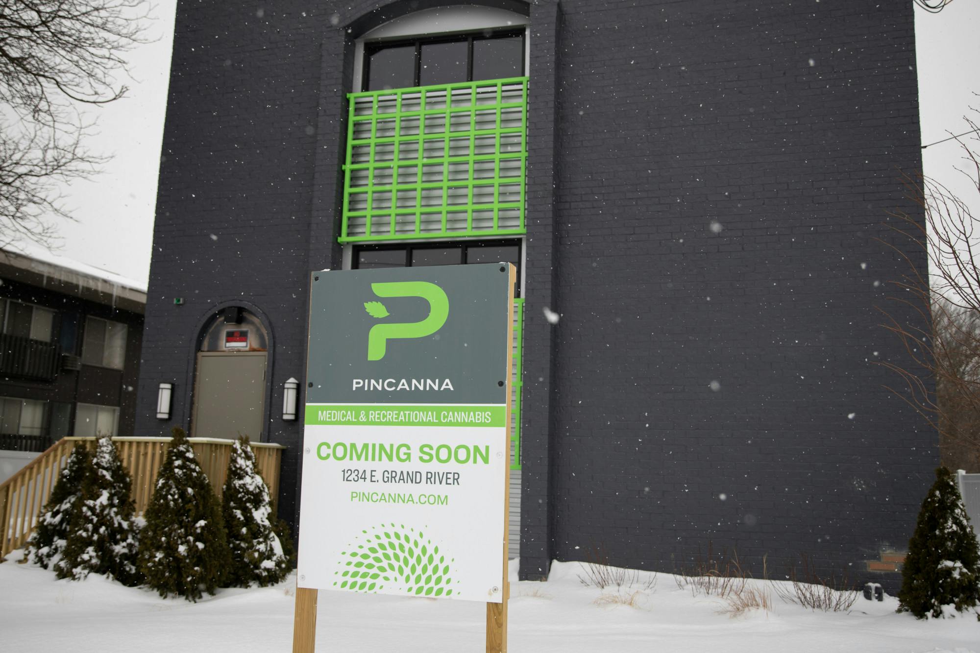 <p>The new dispensary, Pincanna, is located at 1234 E. Grand River Ave. and will open in April. Photo taken on Feb. 18, 2021.</p>