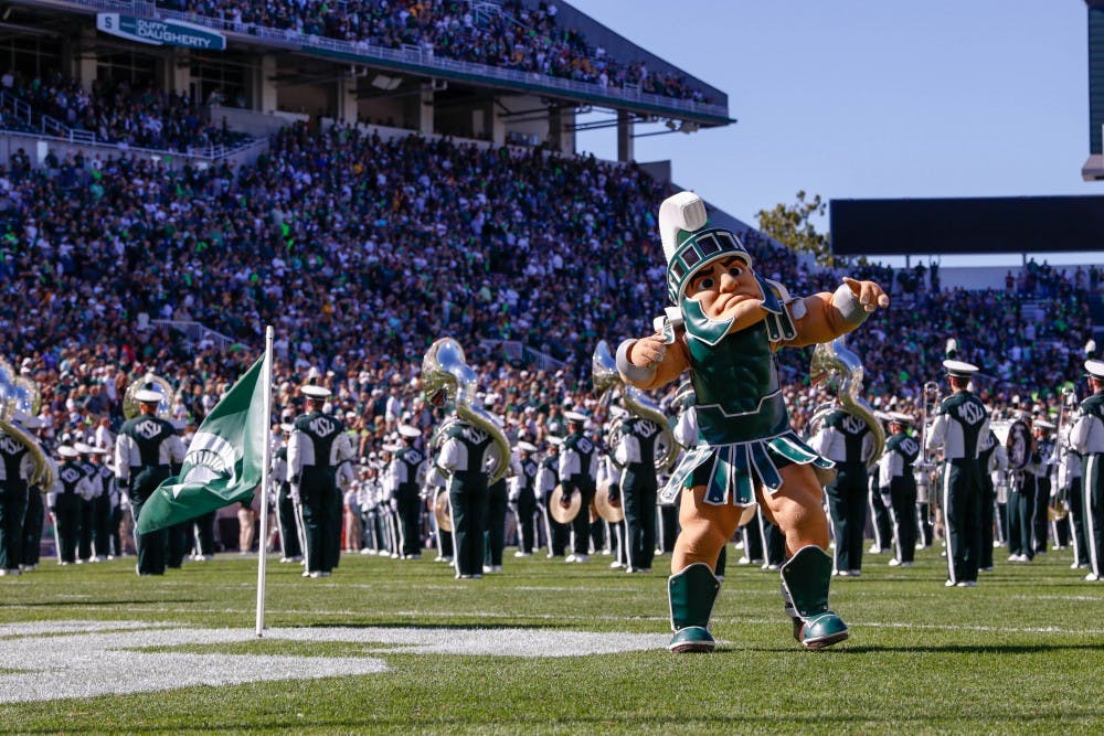 <p>Sparty hypes up the student section during the game against Arizona State on Sept. 14, 2019 at Spartan Stadium. The Spartans fell to the Sun Devils, 10-7.</p>