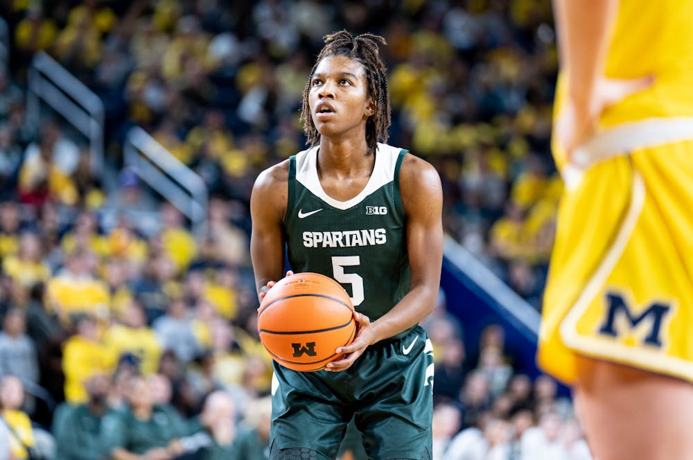 <p>Graduate student guard Kamaria McDaniel (5) is about to shoot a free throw during a game against Michigan at the Crisler Center on Jan. 14, 2023. The Spartans lost to the Wolverines 70-55. </p>