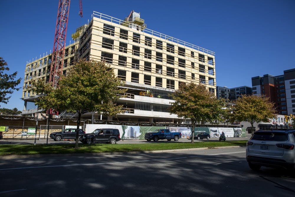 <p>The new Abbot apartment complex is seen under construction on Abbot Road and Grand River Avenue on Oct. 6. They are currently accepting applications for fall 2020-21 residents. </p>