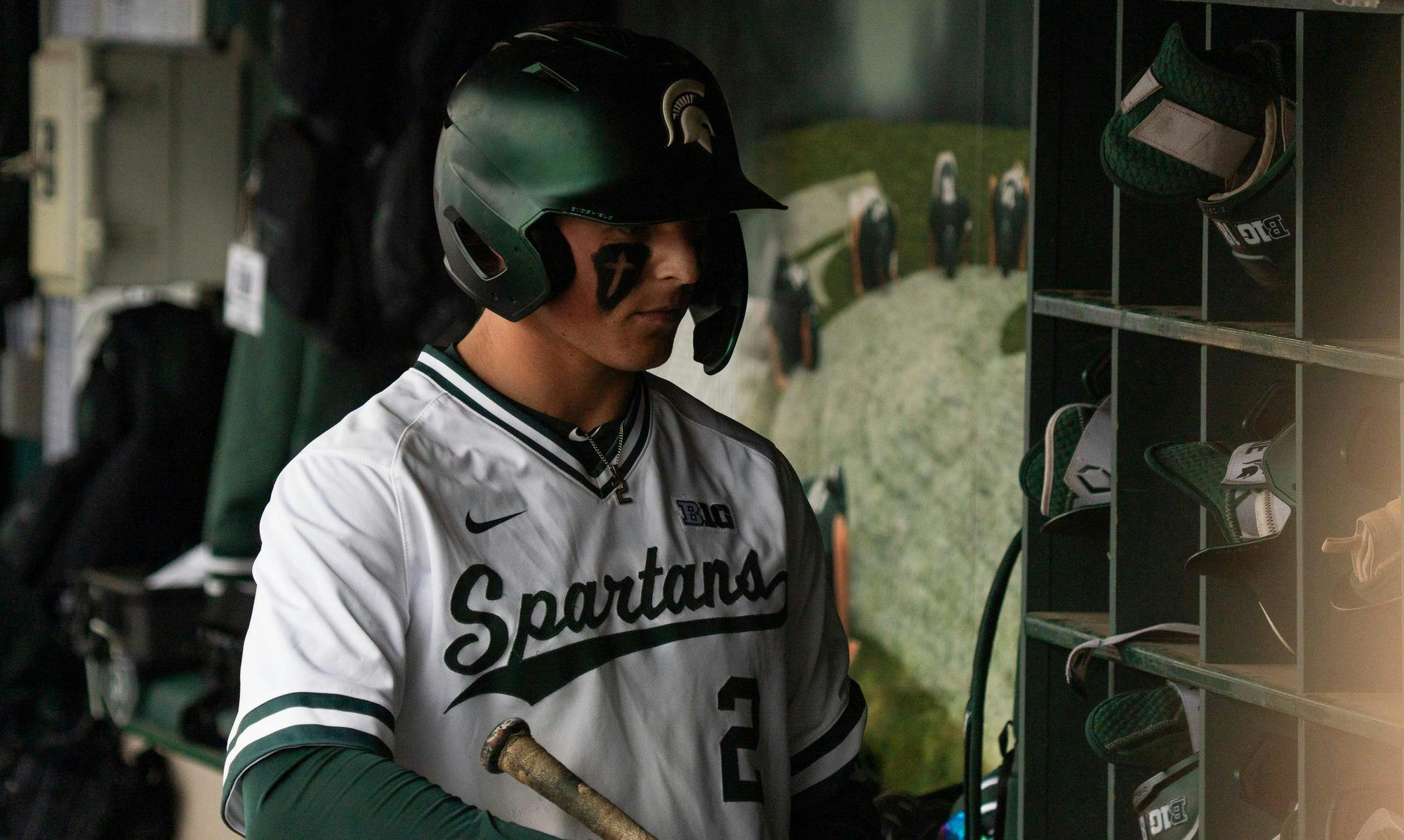 <p>Michigan State senior outfielder JT Sokolove (2) in the dugout at McLane Stadium on April 19, 2025. Sokolove's walk-off homer secured a 10-9 win for the Spartans.</p>