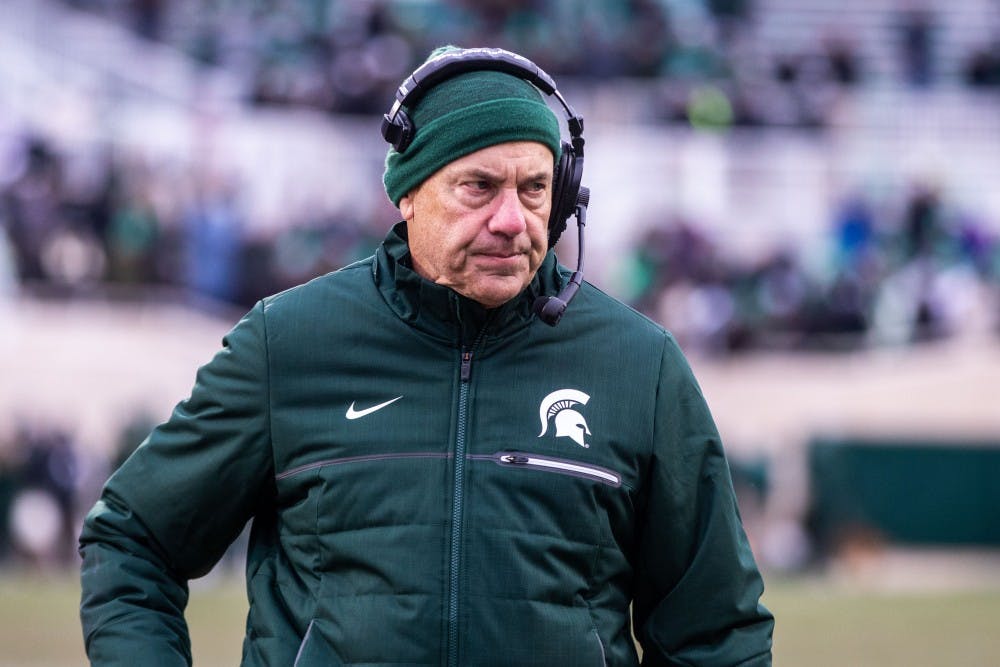 Football head coach Mark Dantonio stands by the sideline during the game against Ohio State Nov. 10, 2018. The Spartans fell to the Buckeyes, 26-6.
