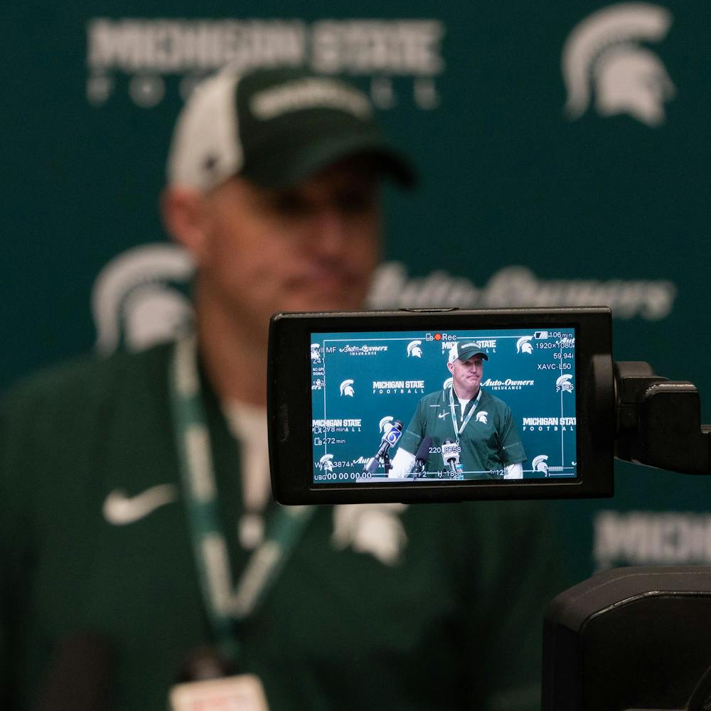 <p>Michigan State football HC, Pat Fitzgerald, answers questions during a press conference in the Skandalaris Football building in East Lansing, Mich., on Aug. 6, 2026.</p>