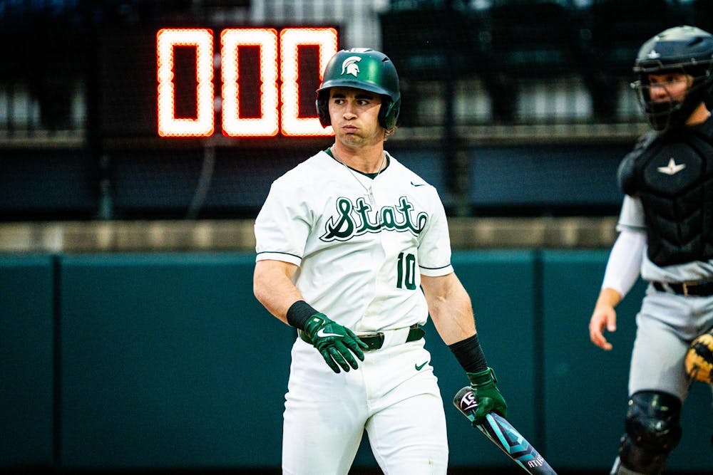 MSU senior outfielder Nick Williams (10) walks back to the dugout after striking out during a game at McLane Stadium on April 13, 2025.