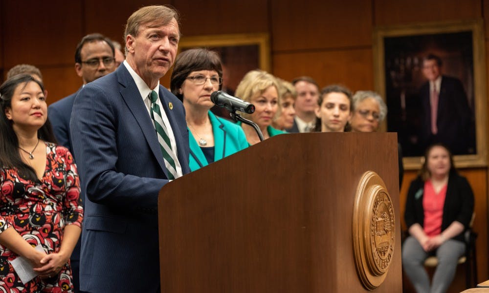 MSU president designee Samuel L. Stanley Jr. speaks during a press conference at the Hannah Administration Building on May 28, 2019.