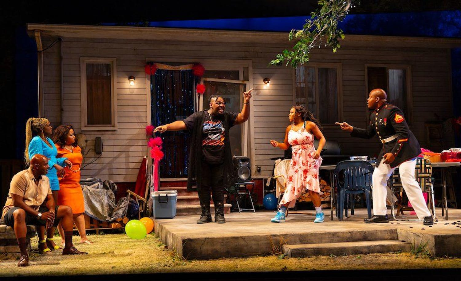 James T. Alfred, Ebony Marshall-Oliver, Thomika Marie Bridwell, Marshall W. Mabry IV, Victoria Omoregie and Amar Atkins are pictured in "Fat Ham."