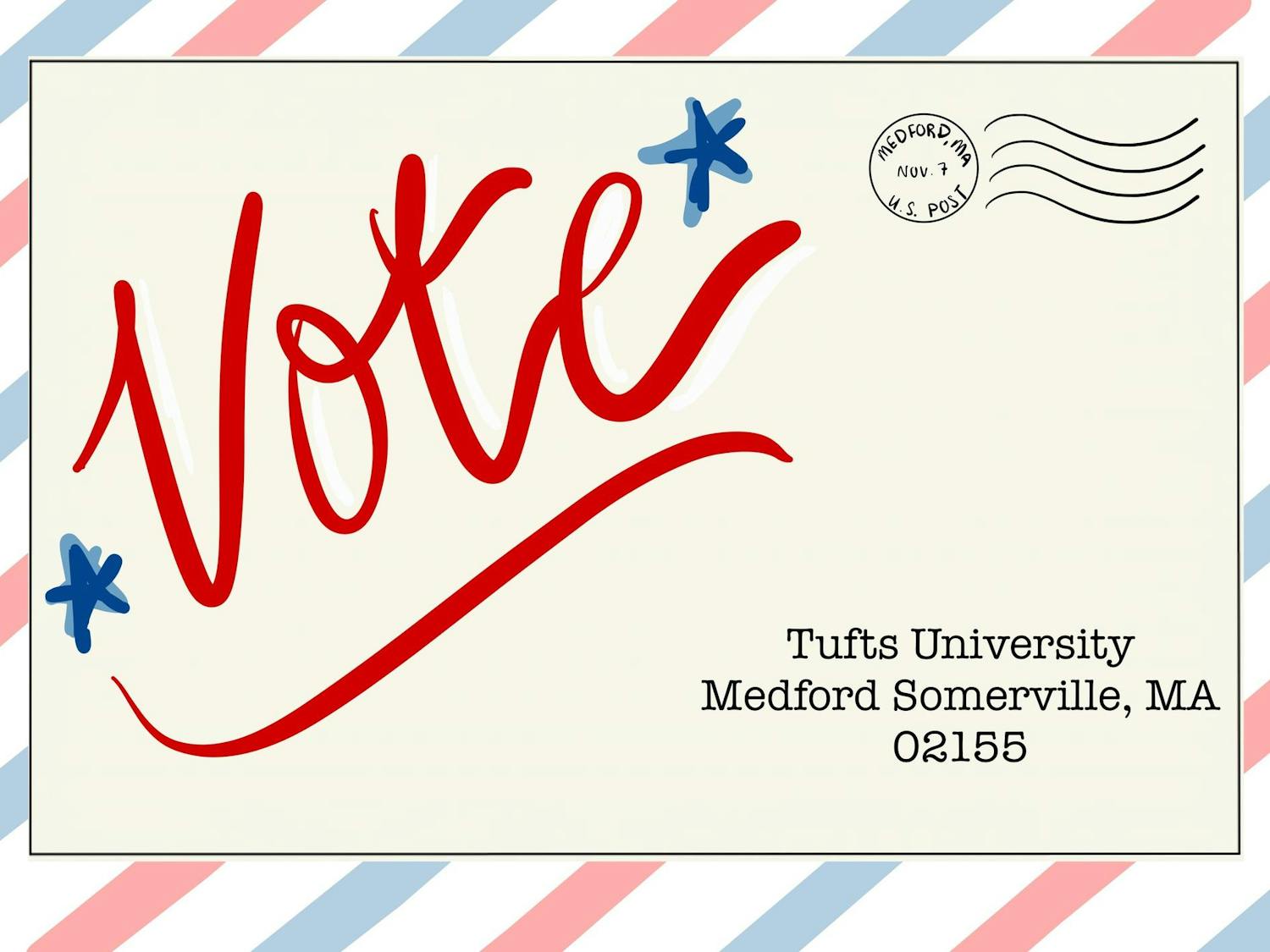Graphic reads "Vote" with the address and stamp of Tufts below.