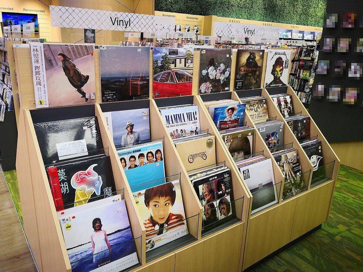 Vinyl collections displayed in a music store are pictured.