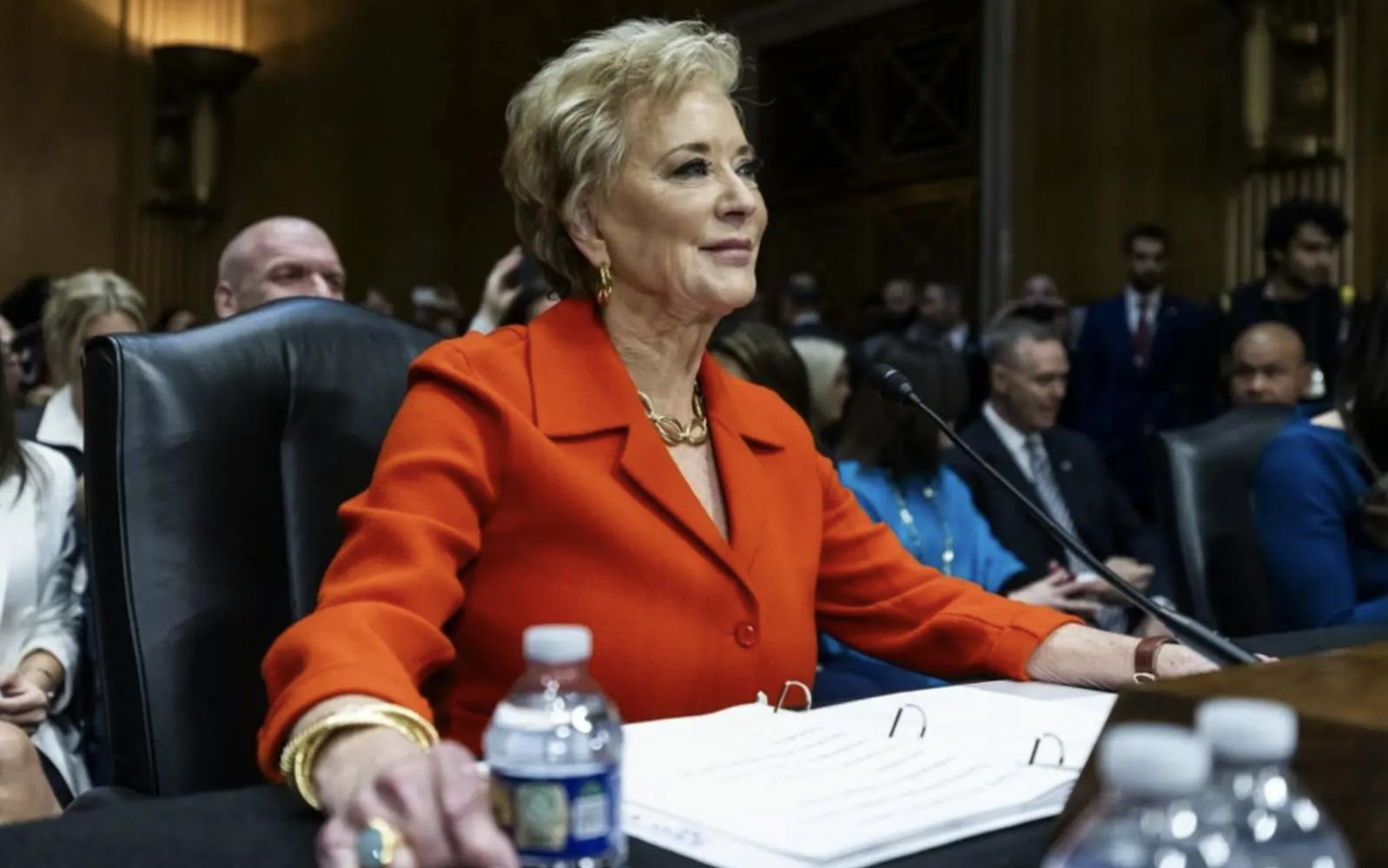 Former WWE CEO Linda McMahon is pictured at her Senate confirmation hearing.