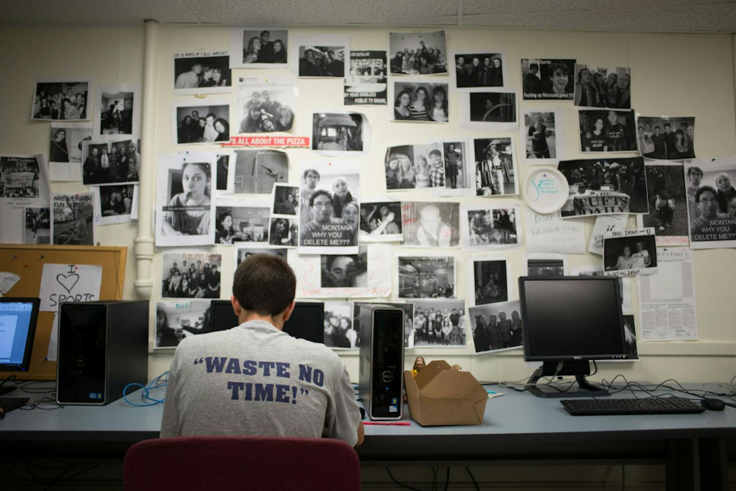 Behind the scenes in The Tufts Daily office in the basement of Curtis Hall on Sept. 1st, 2014, the night before the first fall issue.