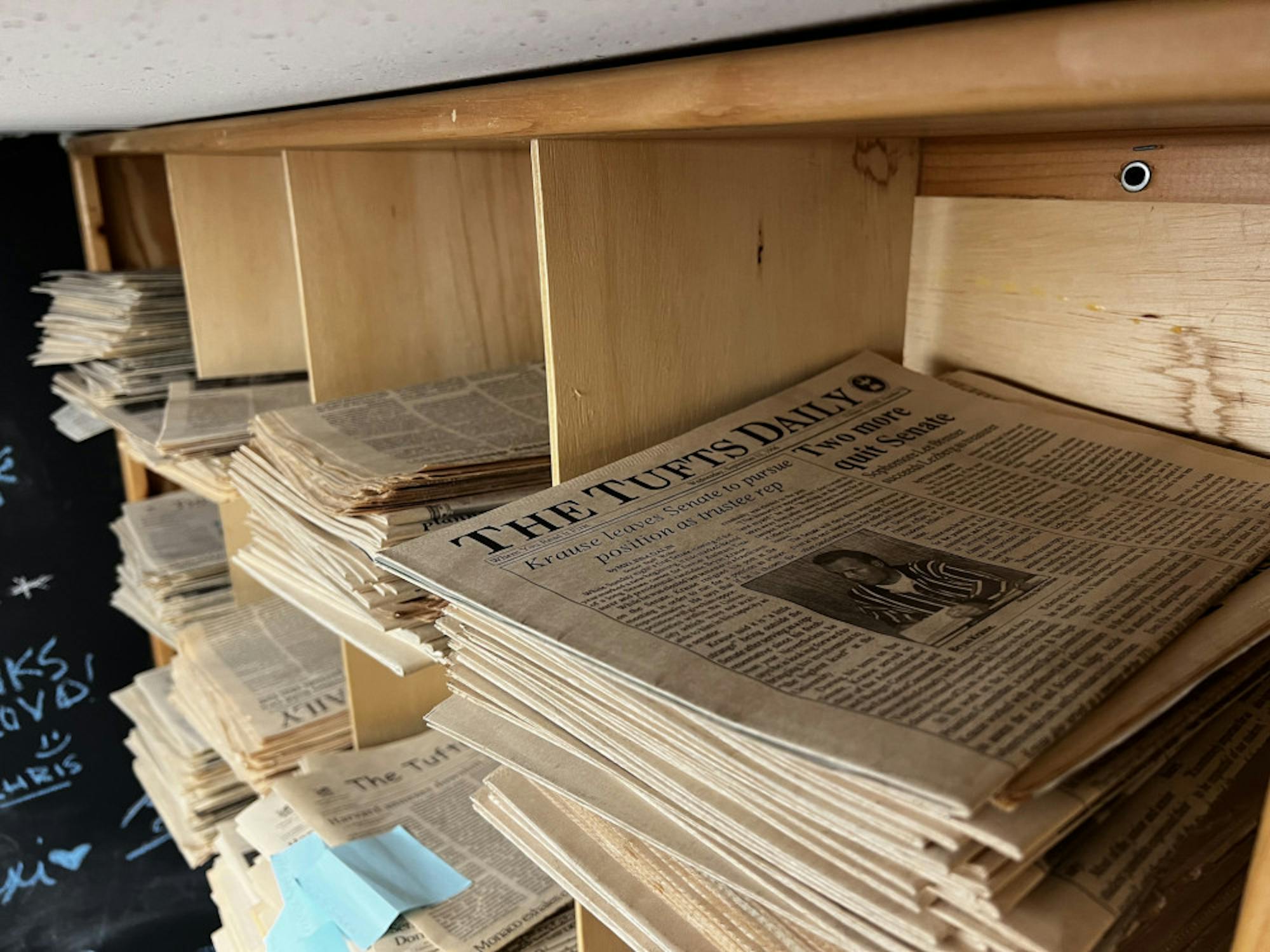 The physical collection of archived issues of The Tufts Daily are pictured in the Daily's office in Curtis Hall on Feb. 24.