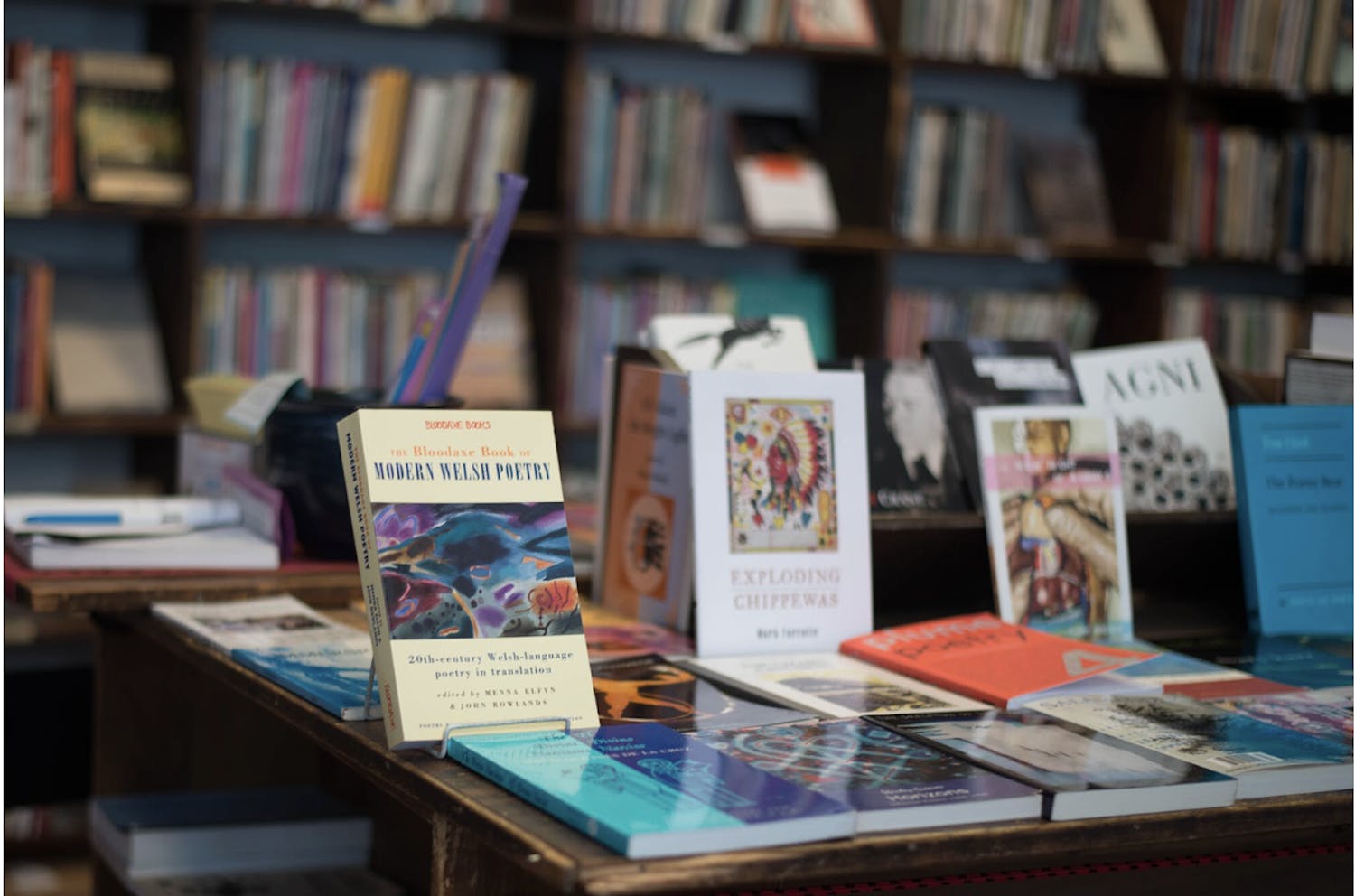 Books displayed on a table at Grolier Poetry Book Shop.