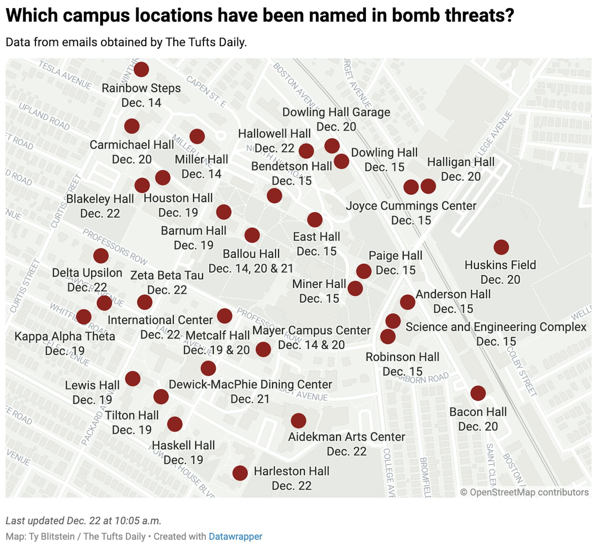 Which campus locations have been named in bomb threats?