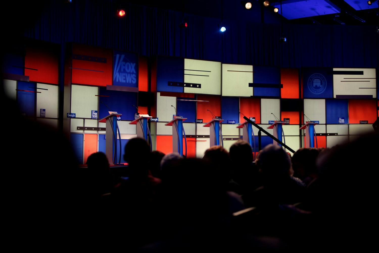A Republican debate stage is pictured.