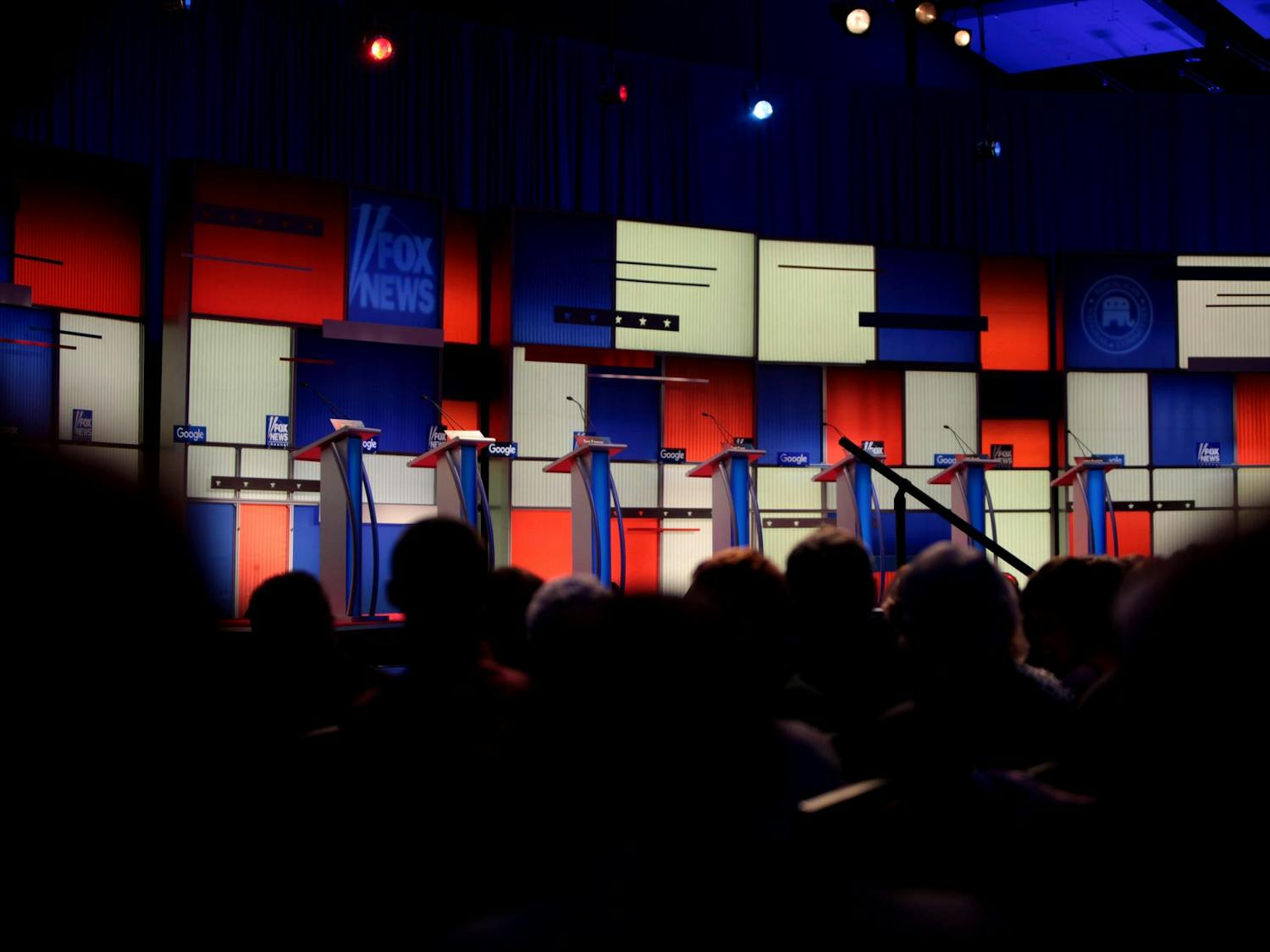 A Republican debate stage is pictured.