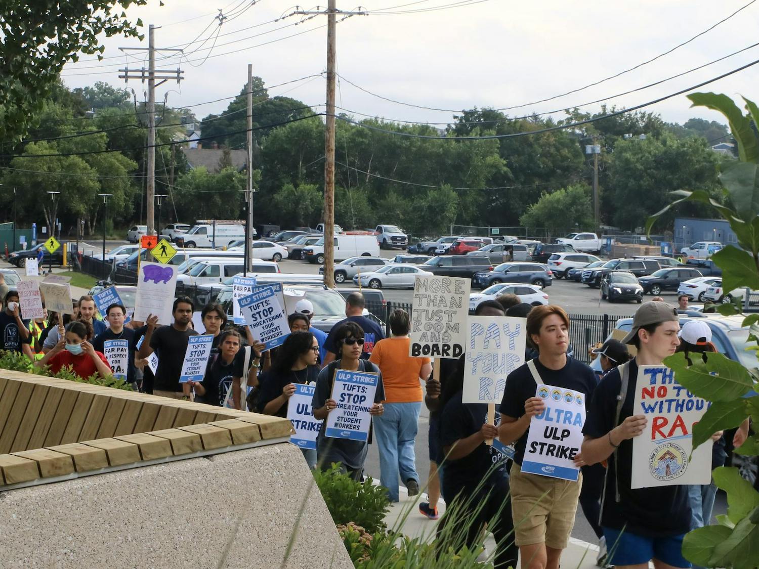 Resident assistants picket in front of the Joyce Cummings Center on Aug. 29.