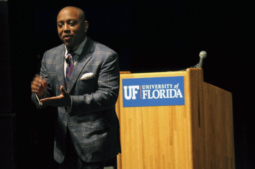 <p>Daymond John, branding expert, speaks about entrepreneurship to a full crowd at the Phillips Center of Performing Arts on Monday. The cast member on ABC's "Shark Tank" was brought to UF by the UF Black Student Union and ACCENT Speaker's Bureau.</p>