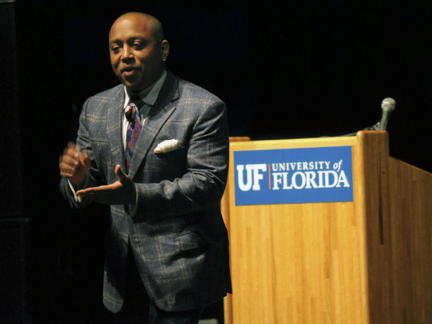 Daymond John, branding expert, speaks about entrepreneurship to a full crowd at the Phillips Center of Performing Arts on Monday. The cast member on ABC's "Shark Tank" was brought to UF by the UF Black Student Union and ACCENT Speaker's Bureau.