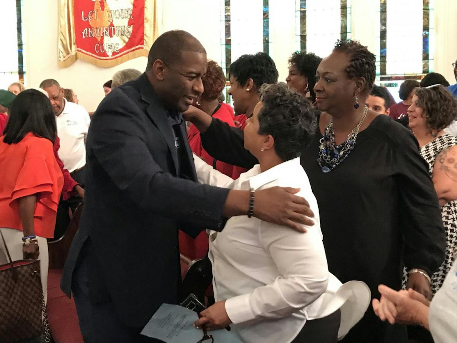 Andrew Gillum, a Florida governmental candidate, stopped in his hometown of Gainesville Monday at Mt. Pleasant United Methodist Church to meet and talk with supporters. 