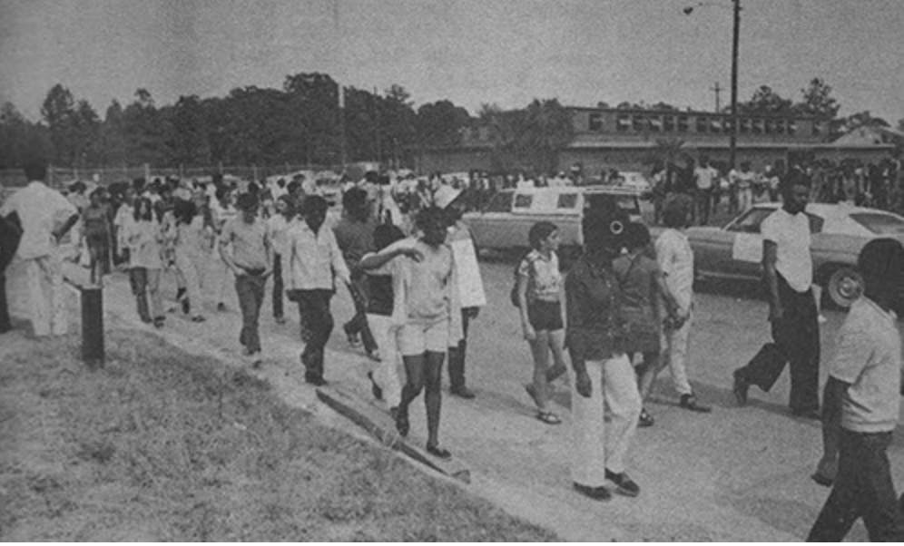 BSU supporters leave Alachua County Jail after a demonstration to free David Horne. Originally published in The Independent Florida Alligator on Tuesday, April 20, 1971. 
