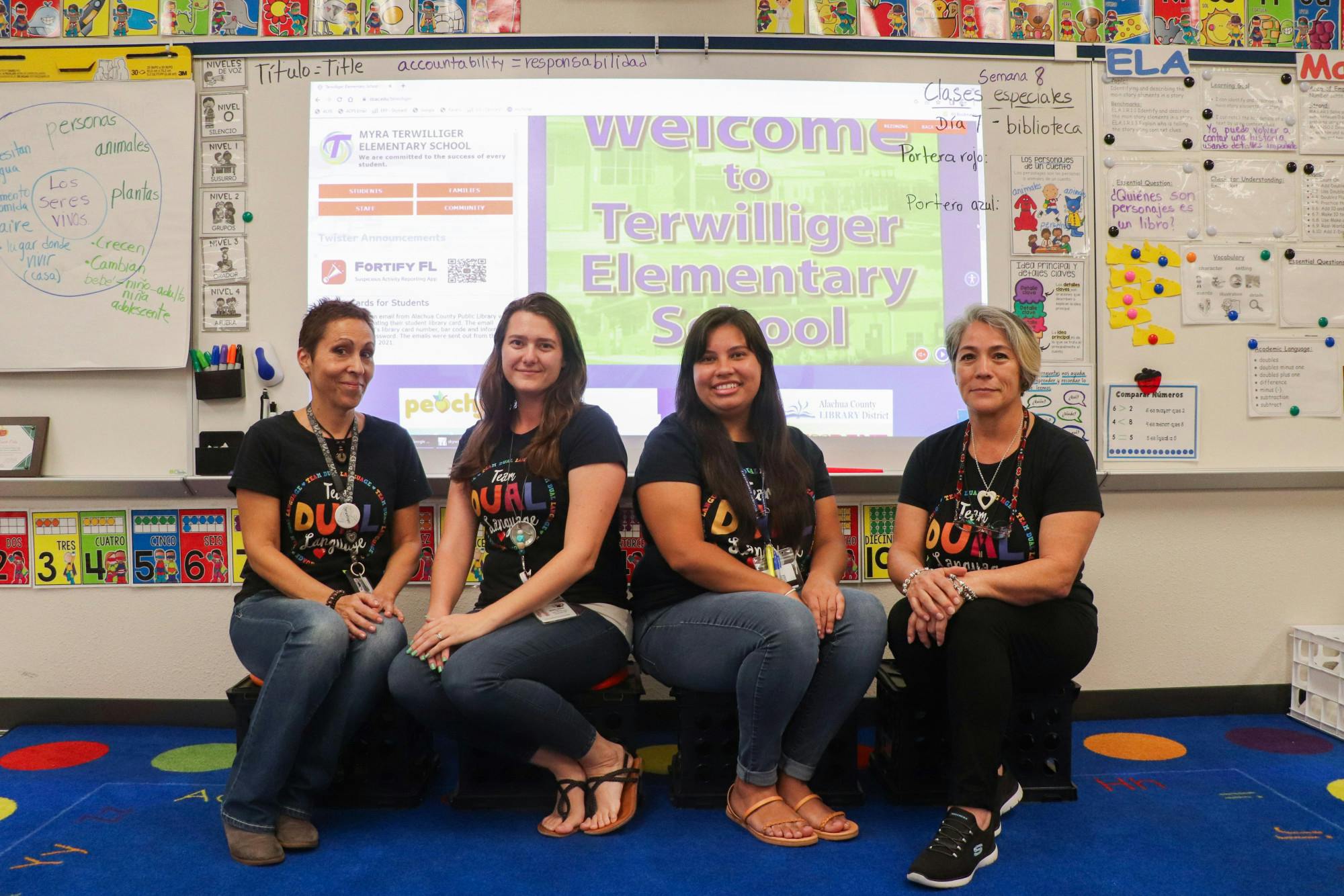  Dual language teachers Mayte Ambite-Calvo, Desiree DiPerna, Gabby Smolenski and Ana Zuber sit at the front of Ambite-Calvo's classroom at Terwilliger Elementary School on Friday, Sept. 22, 2023. 