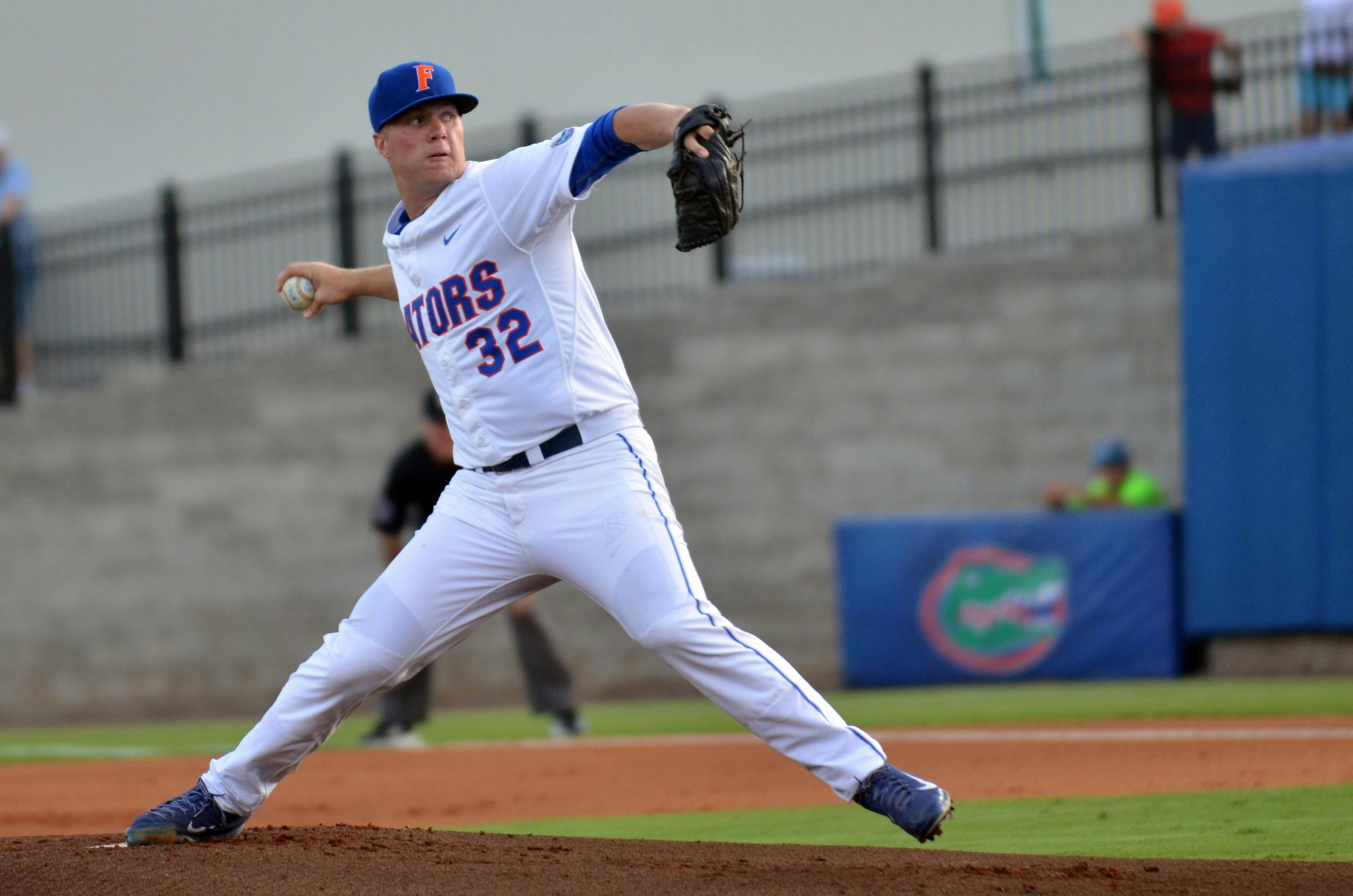 UF's Logan Shore pitches during Florida's 14-3 win against the South Carolina Gamecocks on April 10, 2015 at McKethan Stadium.