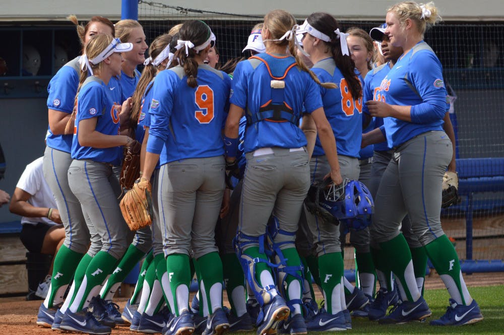 <p>The Gators softball team huddles together prior to the start of Florida's 2-0 win against Ole Miss on March 9 at Katie Seashole Pressly Stadium.</p>