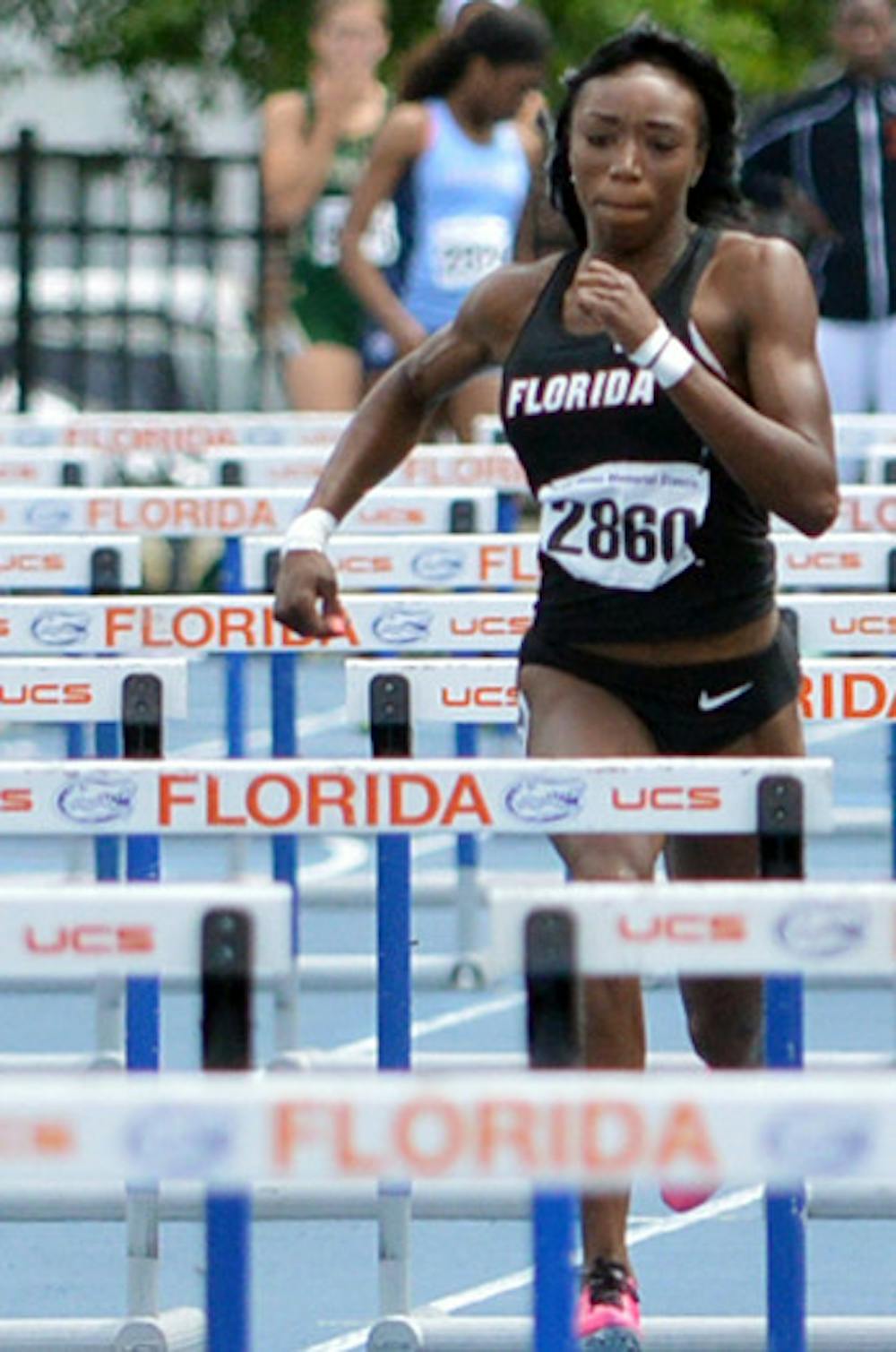 <p>Bridgette Owens competes during the Tom Jones Memorial Invite on April 19 at the Percy Beard Track. Owens, who clocked a 12.80-second 100-meter hurdles on Saturday, was one of 25 UF athletes to advance to the NCAA Championships in Eugene, Ore.</p>