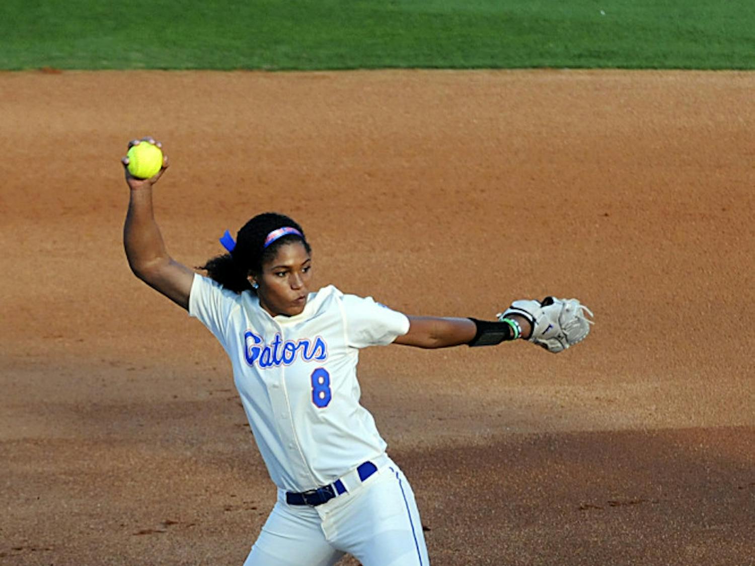 Aleshia Ocasio pitches in the first game of Florida's doubleheader against Jacksonville on Feb. 17, 2016, at Katie Seashole Pressly Stadium.