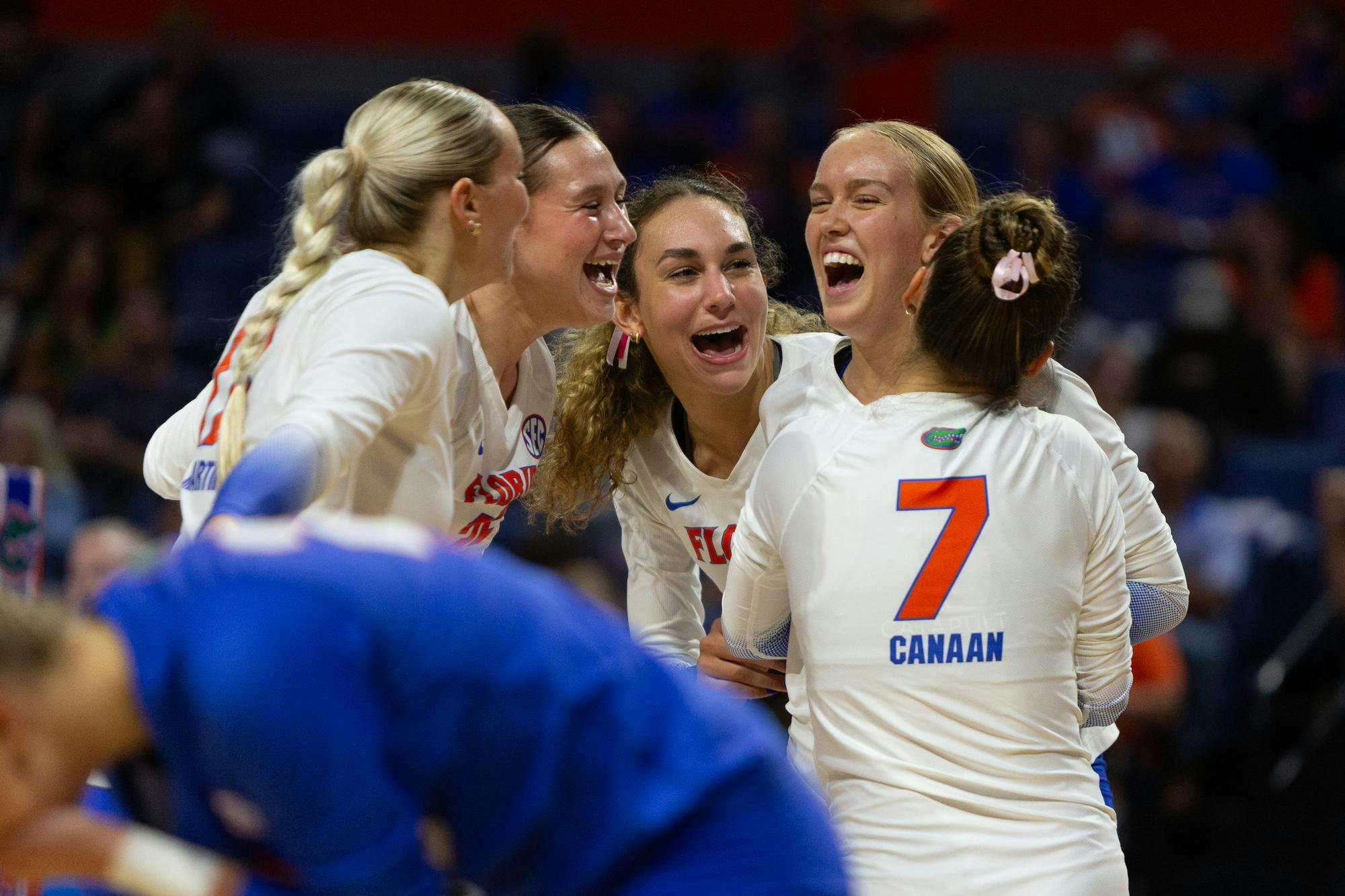 The Florida Gators volleyball team celebreates a service ace by Florida Gators setter Taylor Parks (20) during the first set of the Gators’ match vs the Auburn Tigers at the Stephen C. O'Connell Center on Friday, November 8, 2024.
