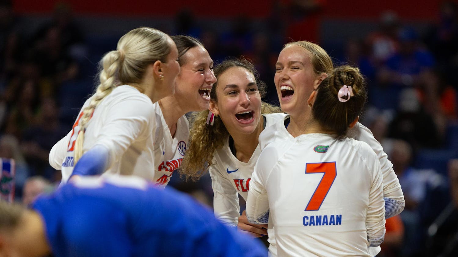 The Florida Gators volleyball team celebreates a service ace by Florida Gators setter Taylor Parks (20) during the first set of the Gators’ match vs the Auburn Tigers at the Stephen C. O'Connell Center on Friday, November 8, 2024.