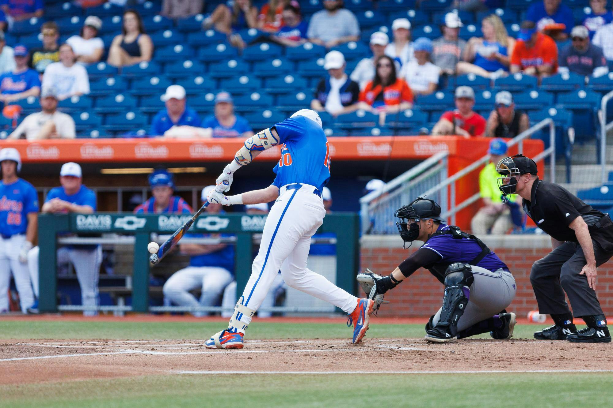 Florida Gators infielder Ethan Surowiec hits the ball during an NCAA Baseball game against High Point, Saturday, March 7, 2026, in Gainesville, Fla.