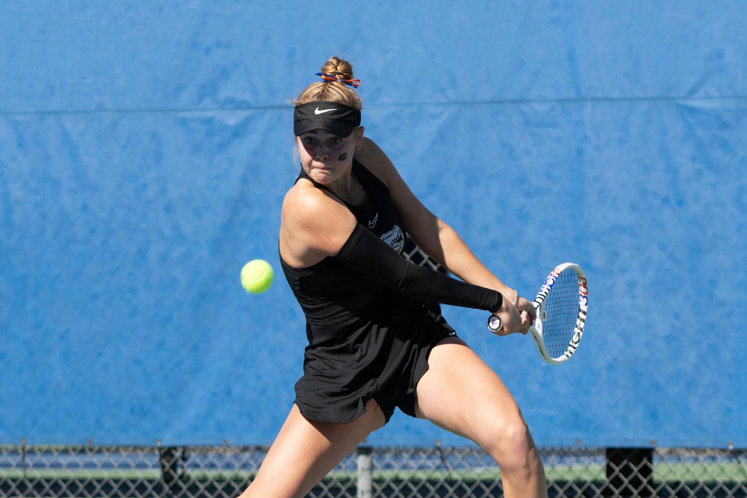 Florida junior Bente Spee gears up for a backhand shot in the Gators women's tennis match against Baylor on Saturday, January 20, 2024. 
