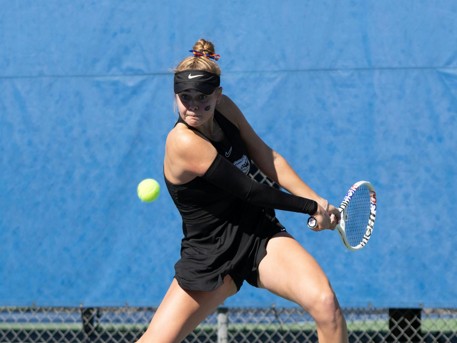 Florida junior Bente Spee gears up for a backhand shot in the Gators women's tennis match against Baylor on Saturday, January 20, 2024.