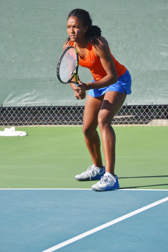 Brianna Morgan awaits a serve during Florida's 4-0 win against Maryland on Jan. 25 at the Ring Tennis Complex.