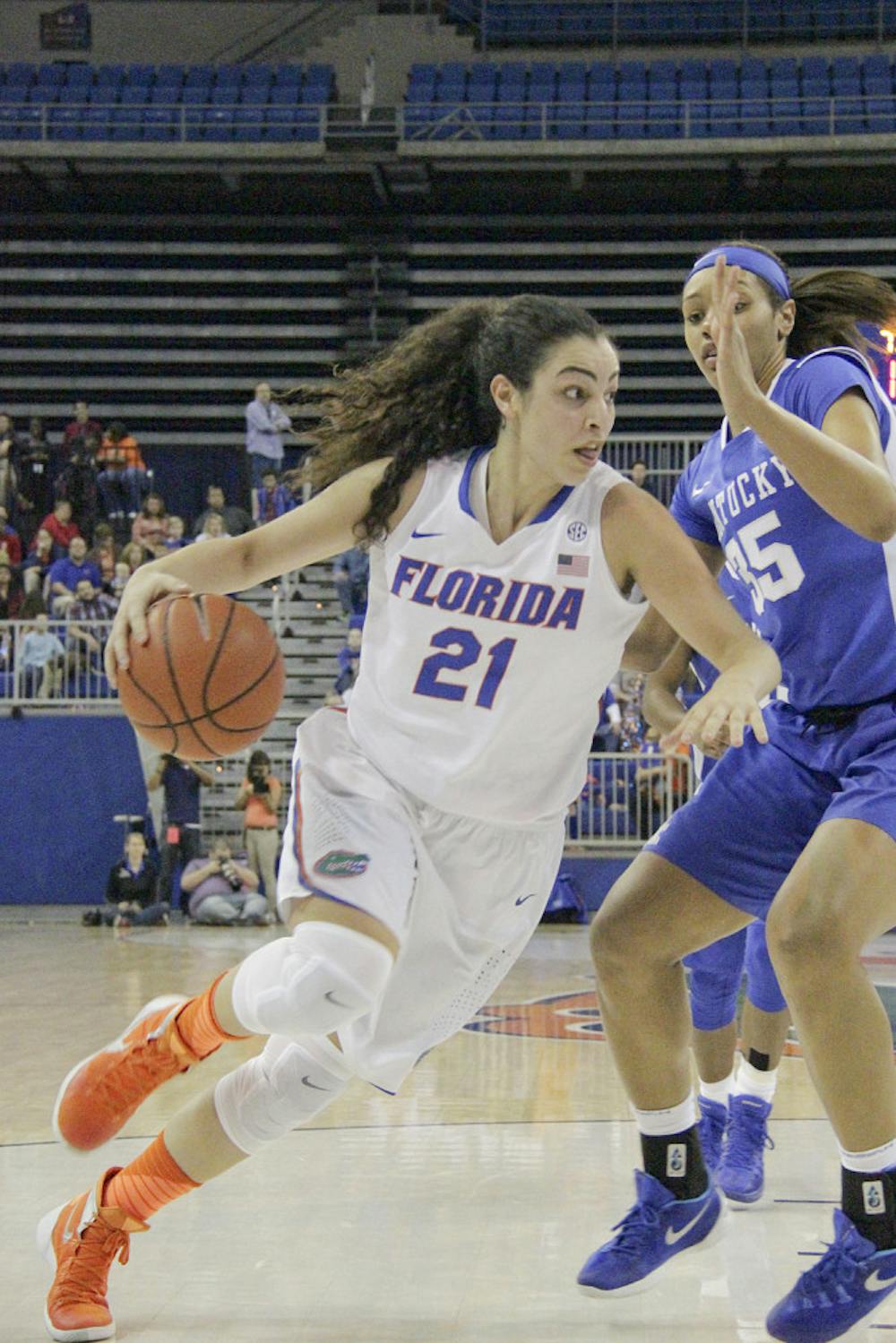 <p>Eleanna Christinaki drives into the paint during Florida's 85-79 win over Kentucky on Jan. 31, 2016, in the O'Connell Center.</p>