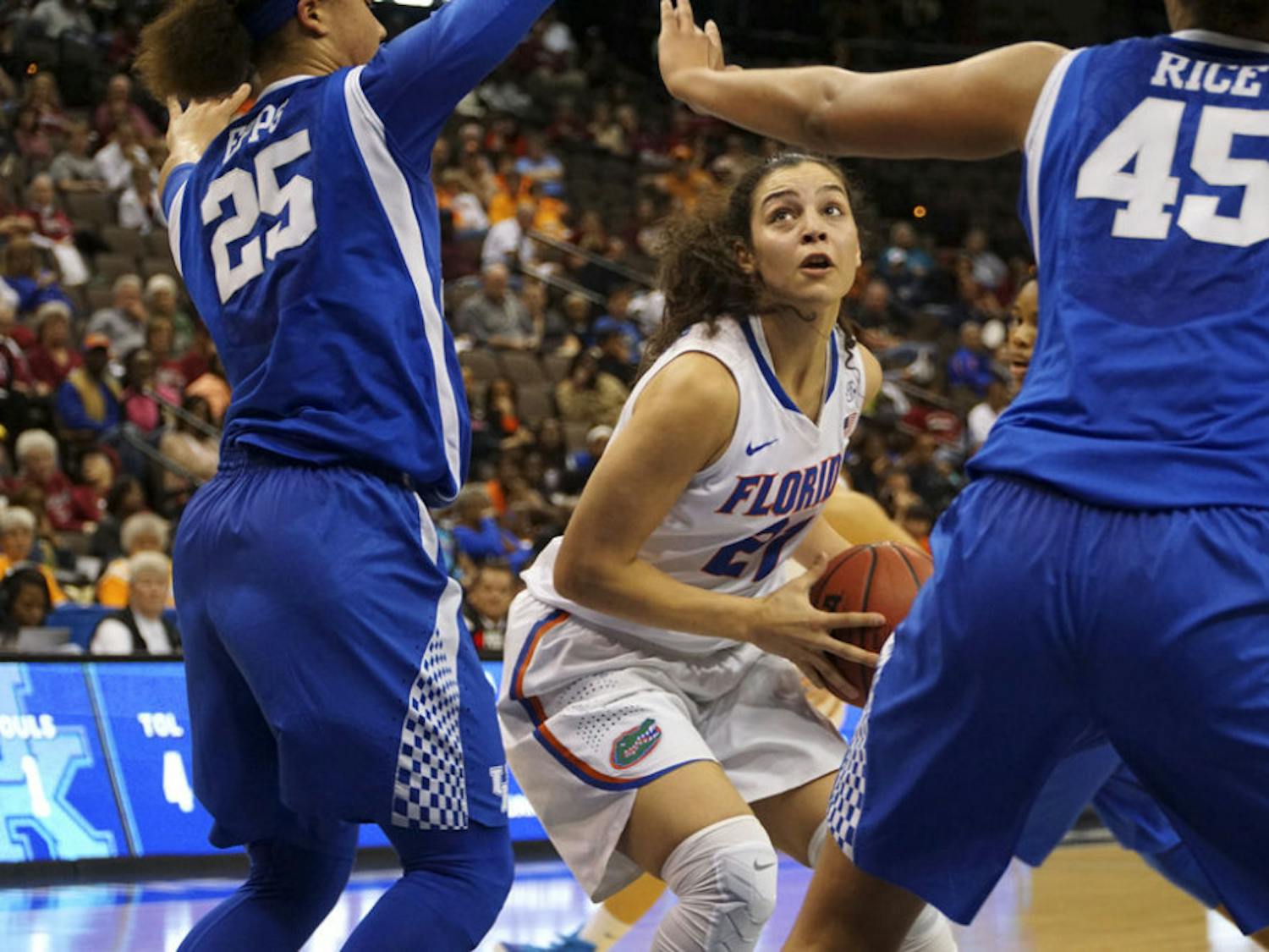 Eleanna Christinaki looks to drive to the basket while two Kentucky players defend her during Florida's 92-69 loss to the Wildcats in the SEC Tournament quarterfinals on March 4, 2016, in Jacksonville.