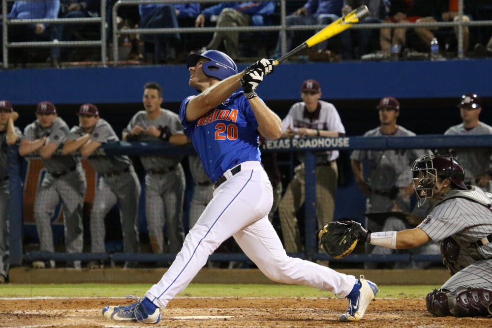 Peter Alonso bats during Florida's 10-4 loss to Mississippi State on April 9, 2016, at McKethan Stadium.