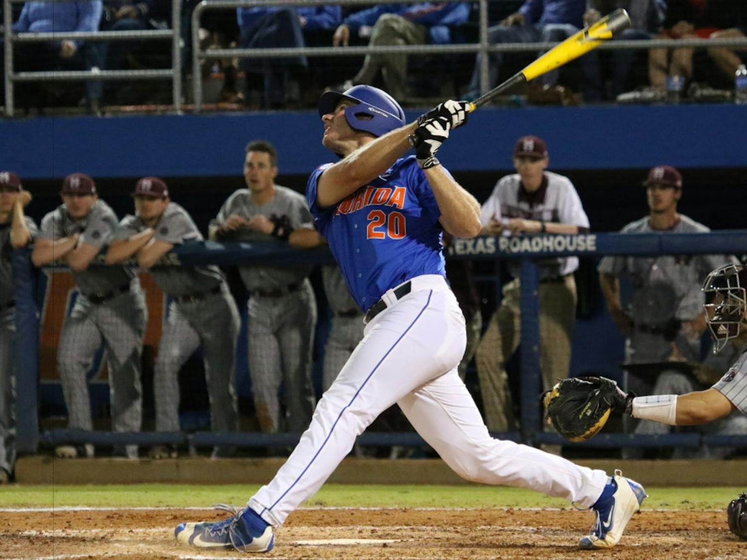 Peter Alonso bats during Florida's 10-4 loss to Mississippi State on April 9, 2016, at McKethan Stadium.