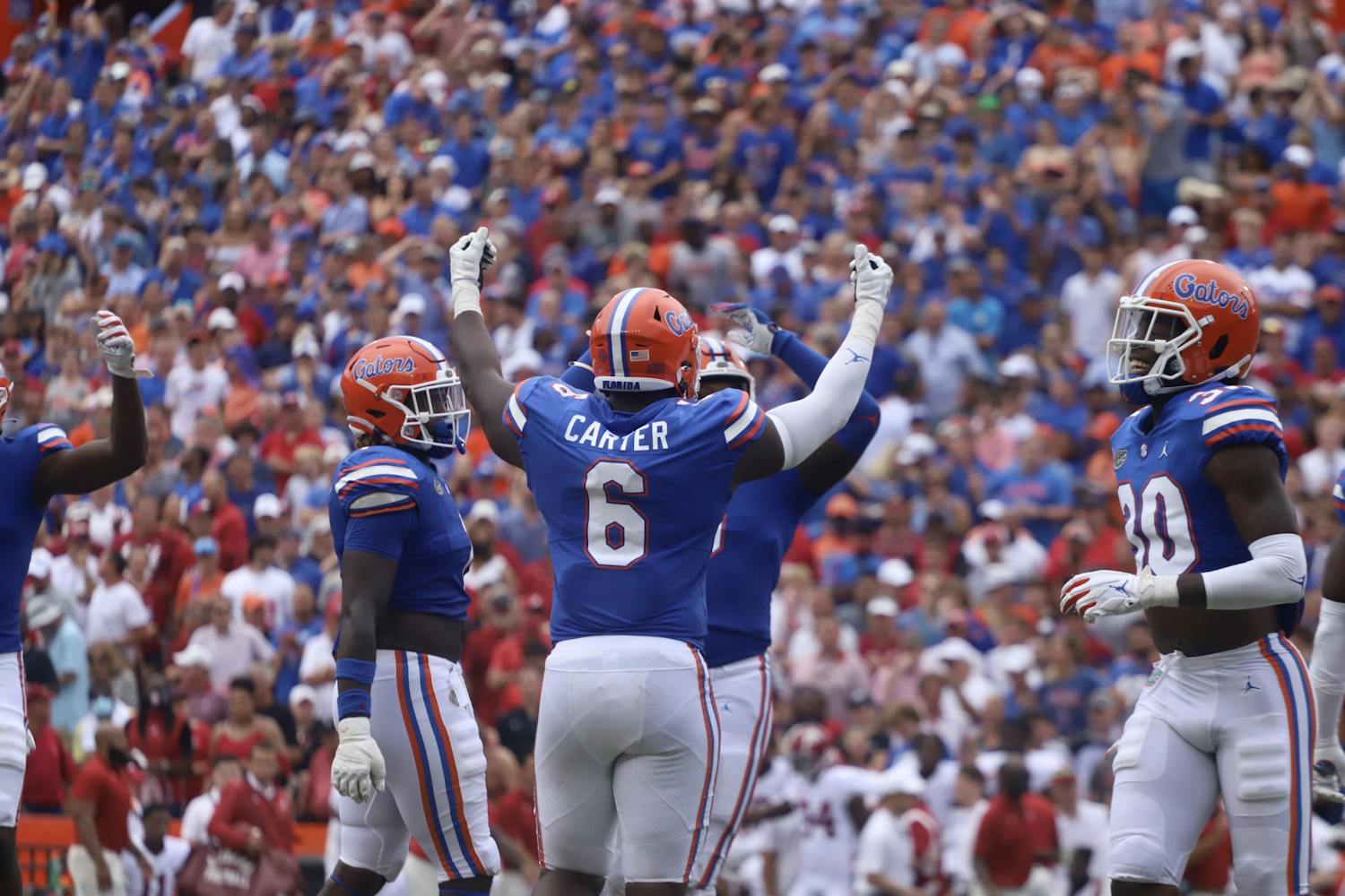 Florida defensive lineman Zachary Carter hypes up the crowd during Florida&#x27;s 31-29 loss to No. 1 Alabama on Sept. 18. Carter was drafted by the Cincinnati Bengals Friday in the third round of the NFL Draft.