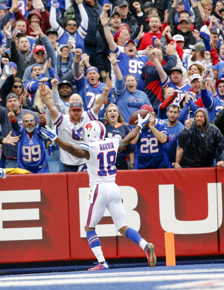 Buffalo Bills wide receiver Percy Harvin (18) celebrates his touchdown catch during the first half of an NFL football game against the Indianapolis Colts on Sunday, Sept. 13, 2015, in Orchard Park, N.Y.