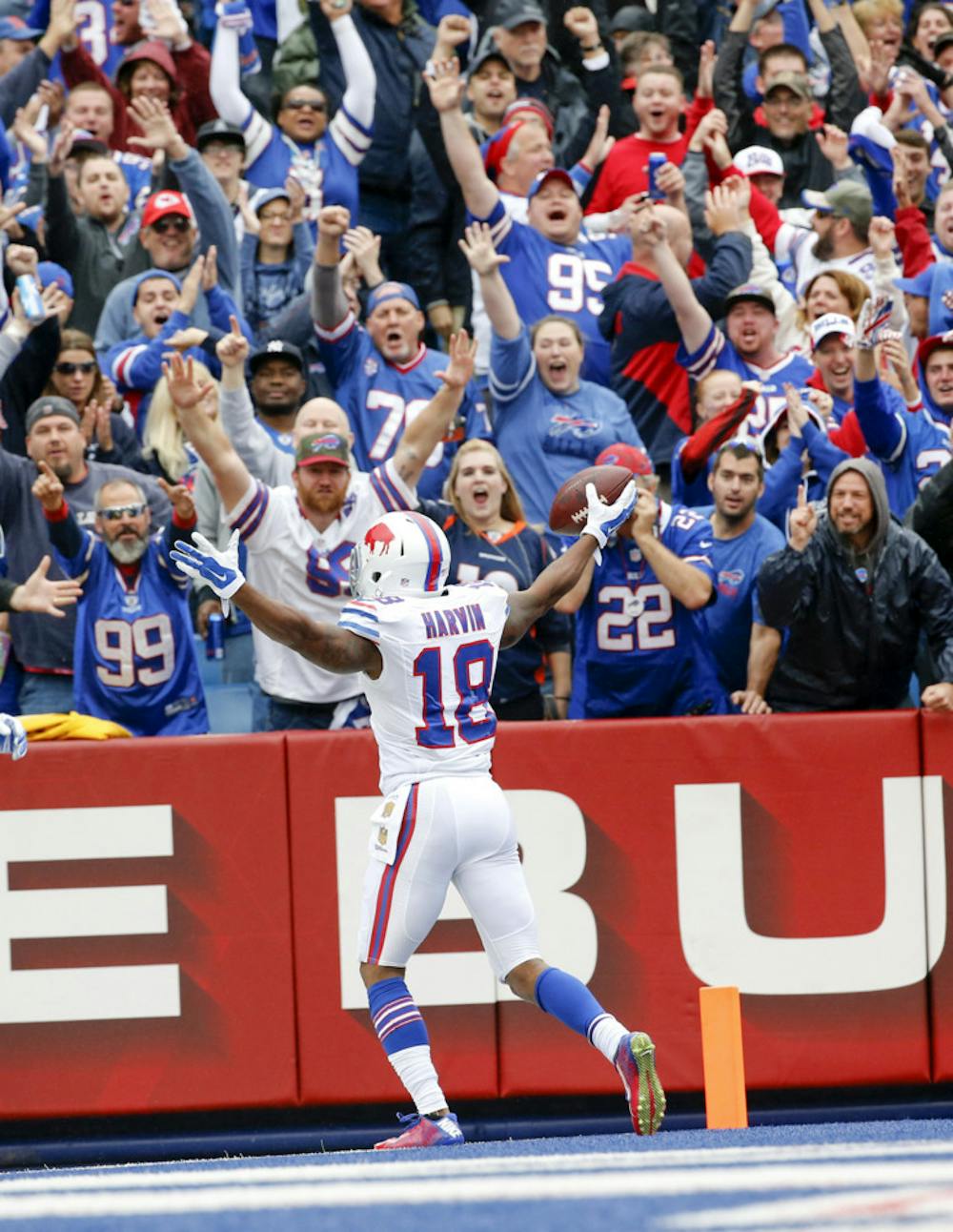 <p>Buffalo Bills wide receiver Percy Harvin (18) celebrates his touchdown catch during the first half of an NFL football game against the Indianapolis Colts on Sunday, Sept. 13, 2015, in Orchard Park, N.Y.</p>