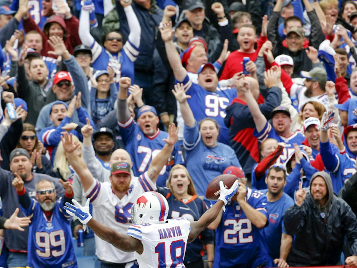 Buffalo Bills wide receiver Percy Harvin (18) celebrates his touchdown catch during the first half of an NFL football game against the Indianapolis Colts on Sunday, Sept. 13, 2015, in Orchard Park, N.Y.