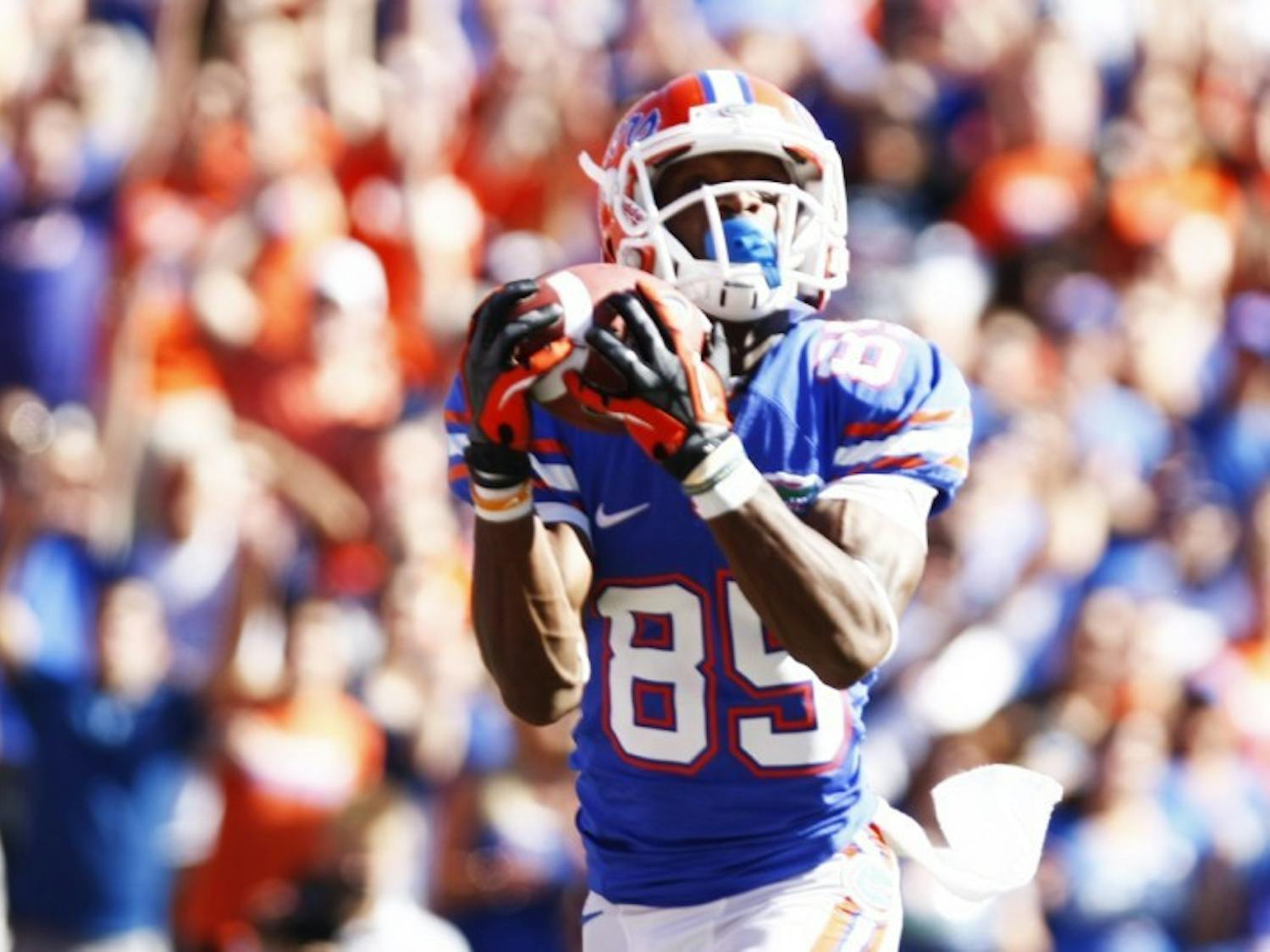 Wideout Frankie Hammond Jr. hauls in a 43-yard touchdown during UF’s 14-7 win against Missouri on Saturday. The play was called back due to a holding call on Jon Halapio.&nbsp;
