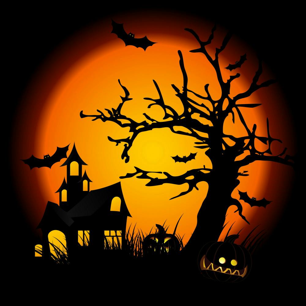 <p>halloween night with pumpkin in grass tree bat and hunting house
in background</p>