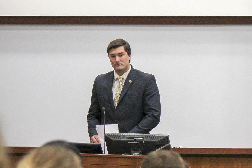 <p class="p1">Sen. Davis Bean, chairman of the budget and appropriations committee, discusses the budget during Tuesday’s Student Senate meeting.</p>