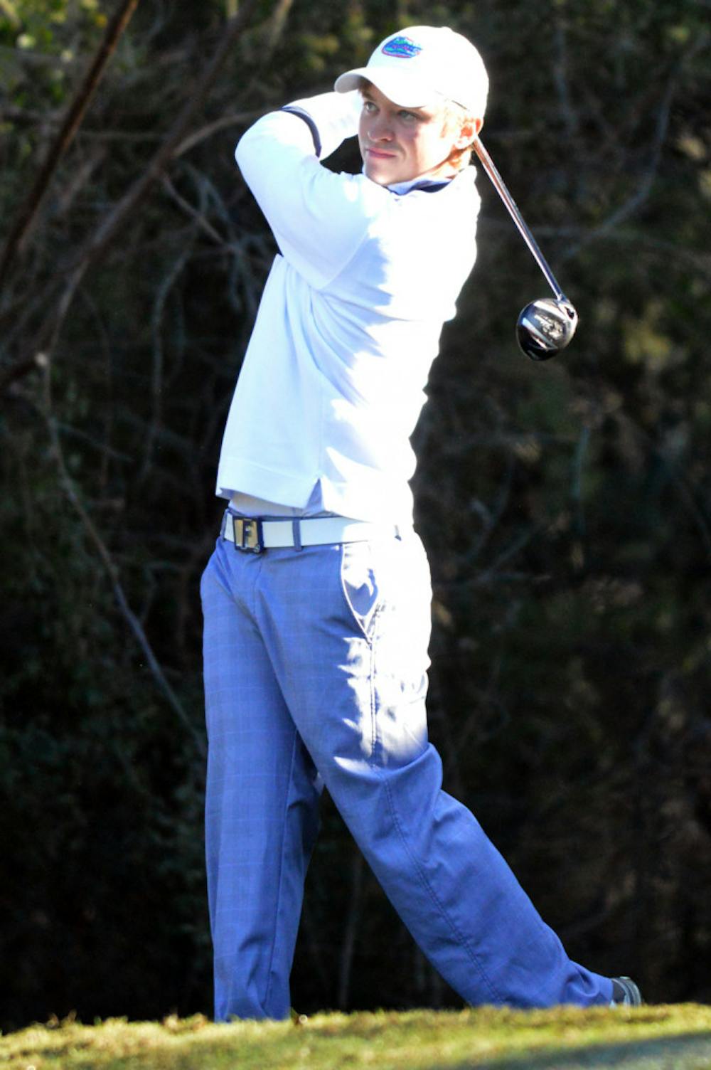 <p>Eric Banks tees off during Day 2 of the SunTrust Gator Invitational on Feb. 16 at the Mark Bostick Golf Course.</p>