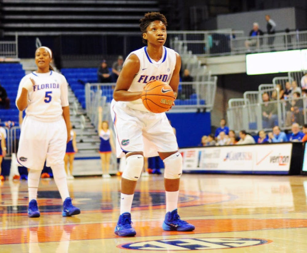 <p>Kayla Lewis attempts a free-throw shot during Florida’s 75-67 win against Alabama on Jan. 30 in the O’Connell Center. Lewis notched a double-double against Arkansas.</p>