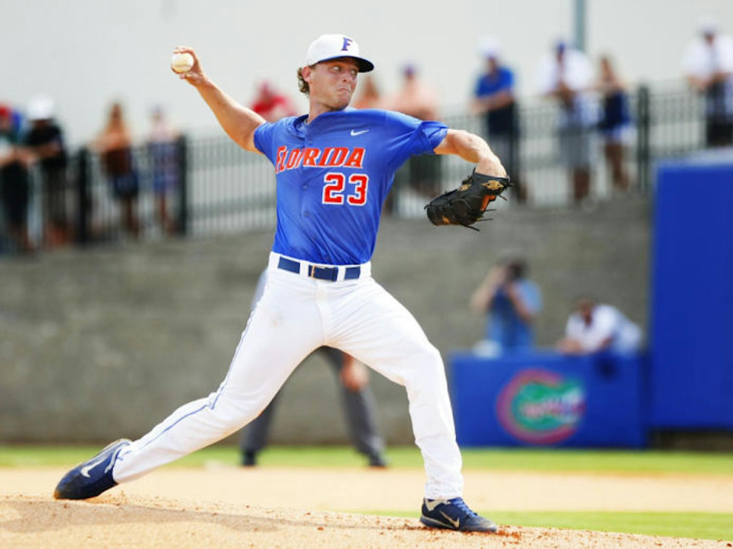 Junior Jonathon Crawford throws a pitch during Florida’s 9-8 victory against NC State in Game 2 of the NCAA Gainesville Super Regional on June 10, 2012, at McKethan Stadium.&nbsp;